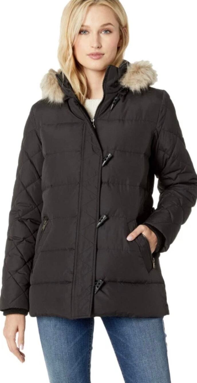 Lauren Ralph Lauren Faux Fur Trim Quilted Puffer Jacket Black Women's Large Down